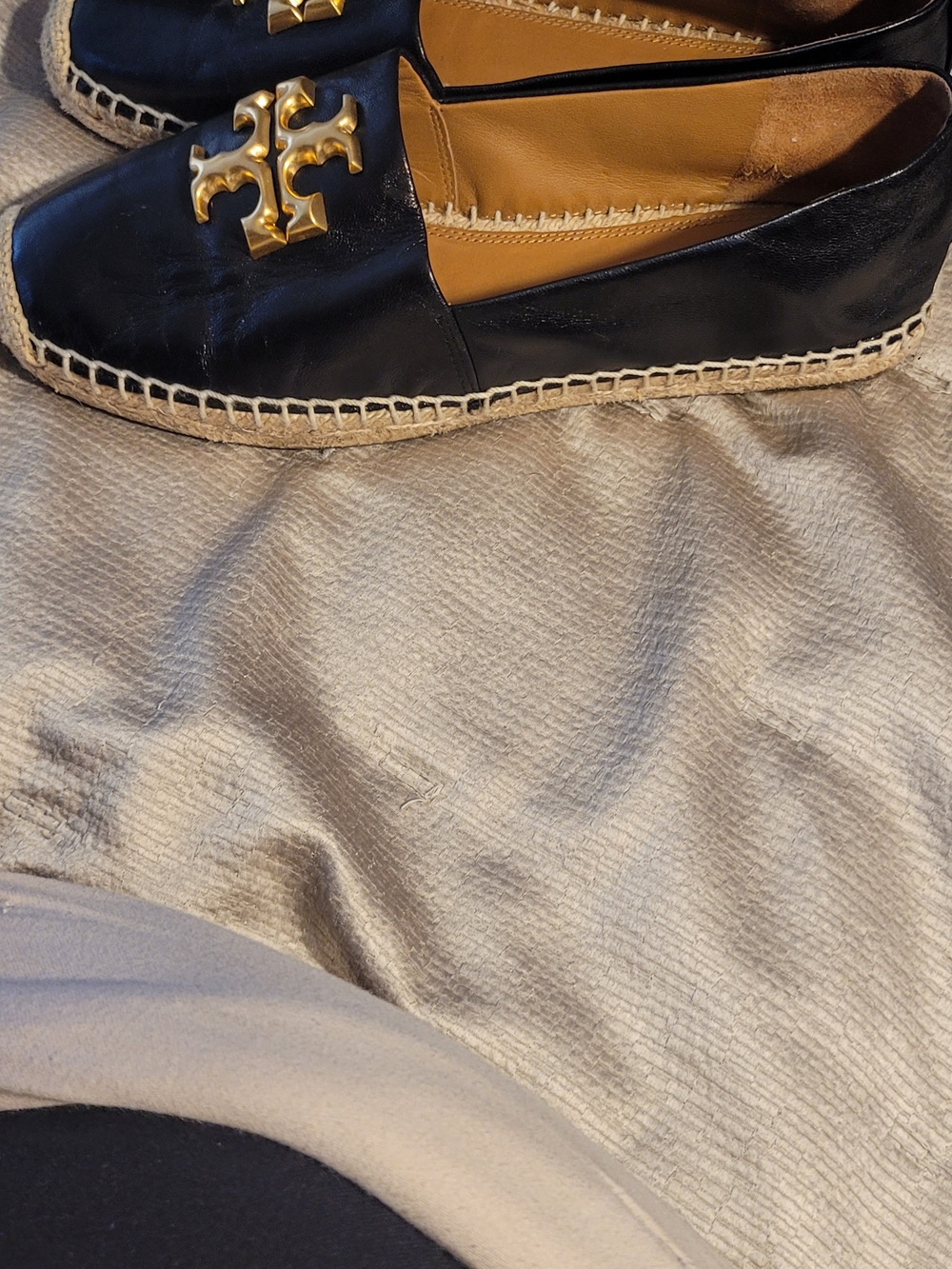 Tory Burch Black Leather Espadrille Flats with Gold Logo - Picture 10 of 13